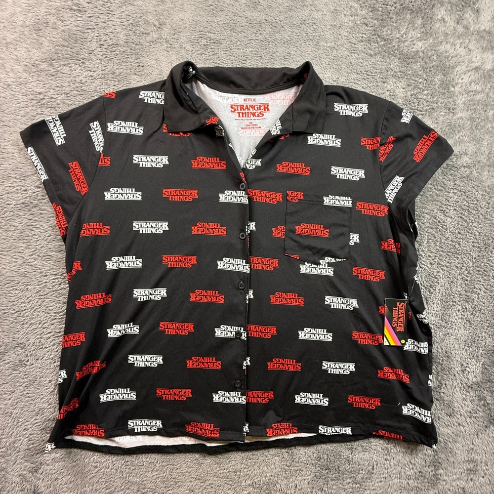 Stranger Things Button Shirt Womens 2X Black NWT Script Logo Notch Collar Shorty